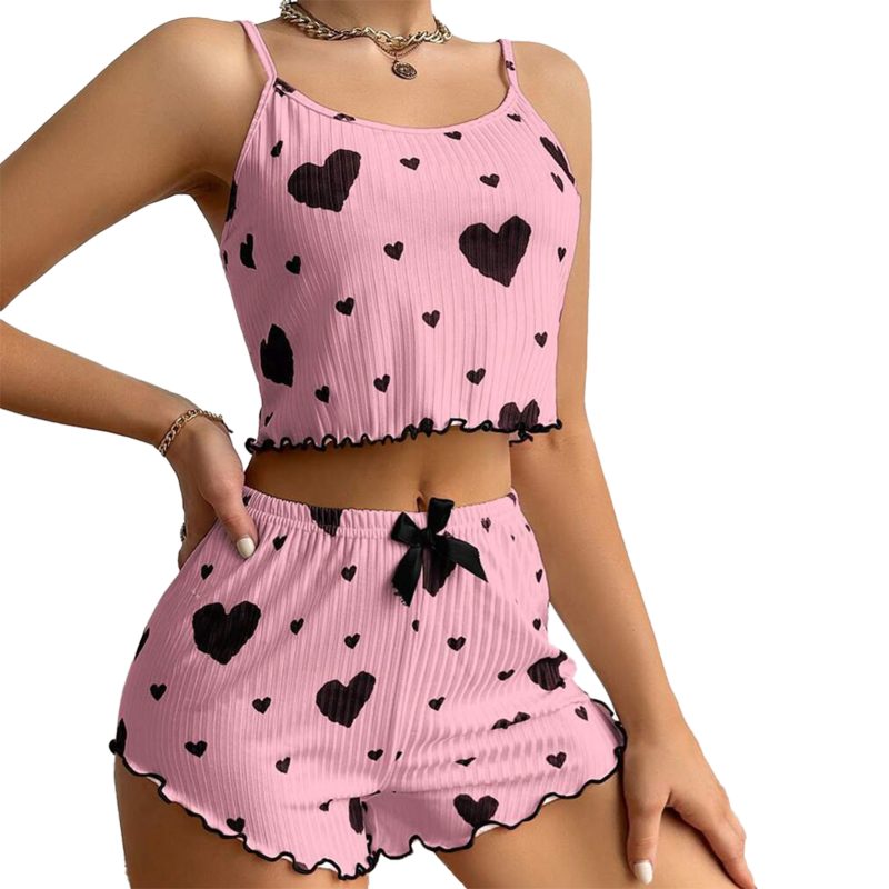 Women's Summer 2PCS Pajama Set Sling Vest with Shorts 2025 Newly Love Heart Print Spaghetti Strap Camisole Sleepwear for Girls - Image 9