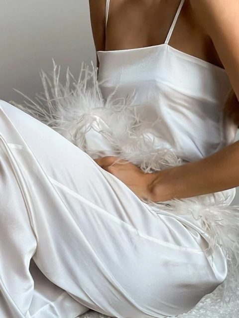 Satin Pajamas With Feathers Sleepwear Women Sets With Pants Black Spaghetti Strap Home Suit White Trouser Suits 2022