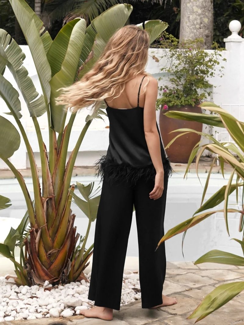 Satin Pajamas With Feathers Sleepwear Women Sets With Pants Black Spaghetti Strap Home Suit White Trouser Suits 2022 - Image 4