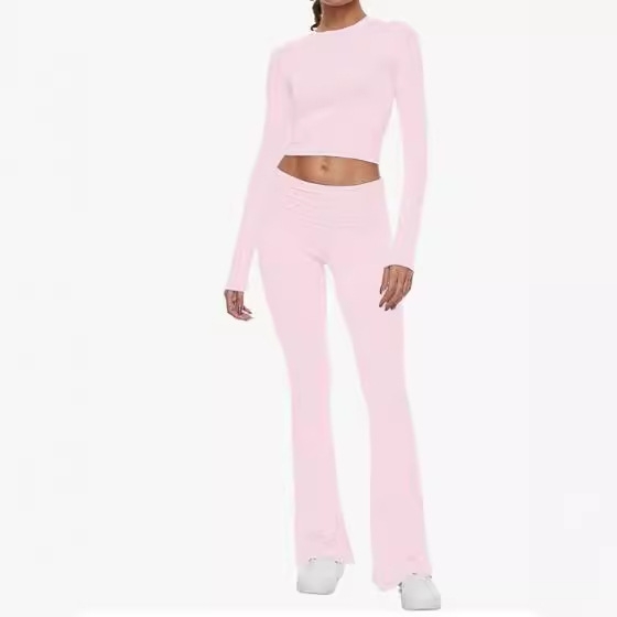 2 Pieces Women Stes 2024 New Round Neck Short top+long Pant Style Tight Low Waist Flare Trouser Suit women's Clothing YLY1011 - Image 2