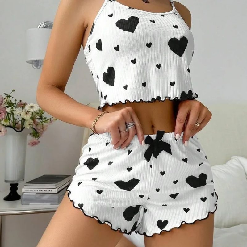 Summer Sleepwear Women Heart Print Relaxed Fit Pajama Set Round Neck Backless Crop Cami Top and Shorts Set Loungewear - Image 7