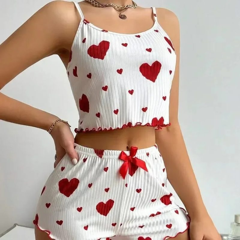 Summer Sleepwear Women Heart Print Relaxed Fit Pajama Set Round Neck Backless Crop Cami Top and Shorts Set Loungewear - Image 9