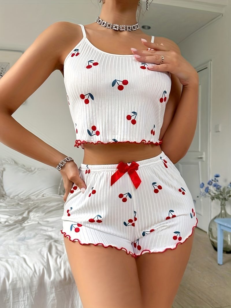 Summer Sleepwear Women Heart Print Relaxed Fit Pajama Set Round Neck Backless Crop Cami Top and Shorts Set Loungewear - Image 11
