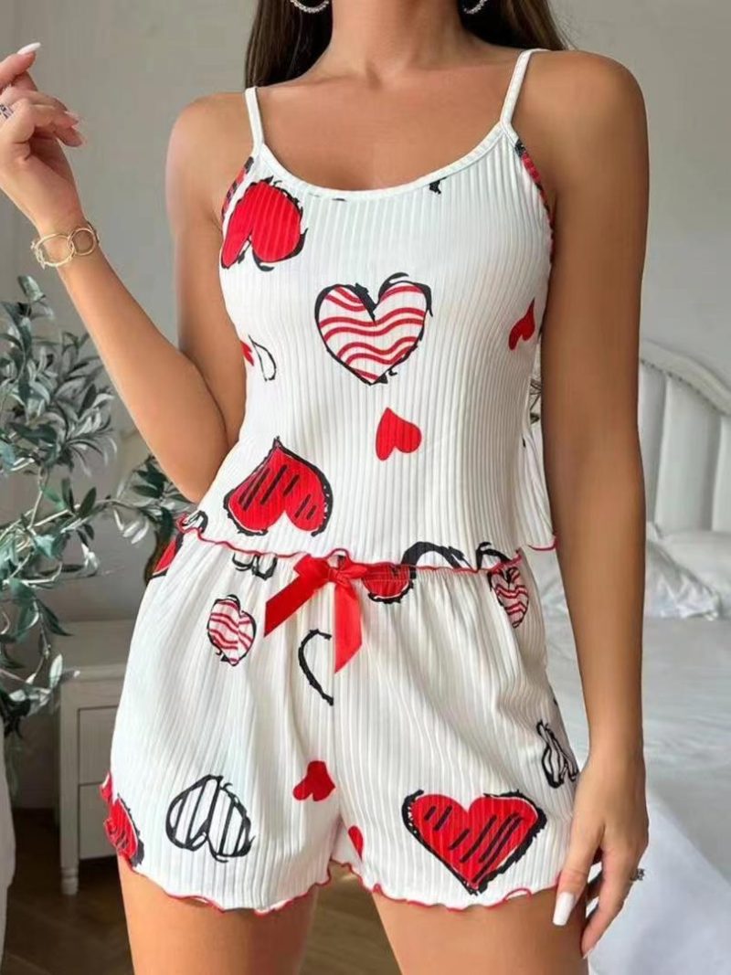 Summer Sleepwear Women Heart Print Relaxed Fit Pajama Set Round Neck Backless Crop Cami Top and Shorts Set Loungewear - Image 12