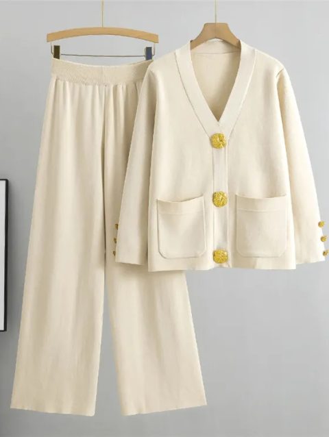 Fall Winter Women's Knit Sweater Sets New Large Gold Button V-neck Cardigan Coats Conjunto High Waist Baggy Wide Leg Pants Suits