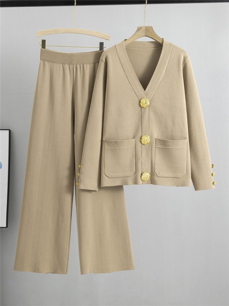 Fall Winter Women's Knit Sweater Sets New Large Gold Button V-neck Cardigan Coats Conjunto High Waist Baggy Wide Leg Pants Suits - Image 2