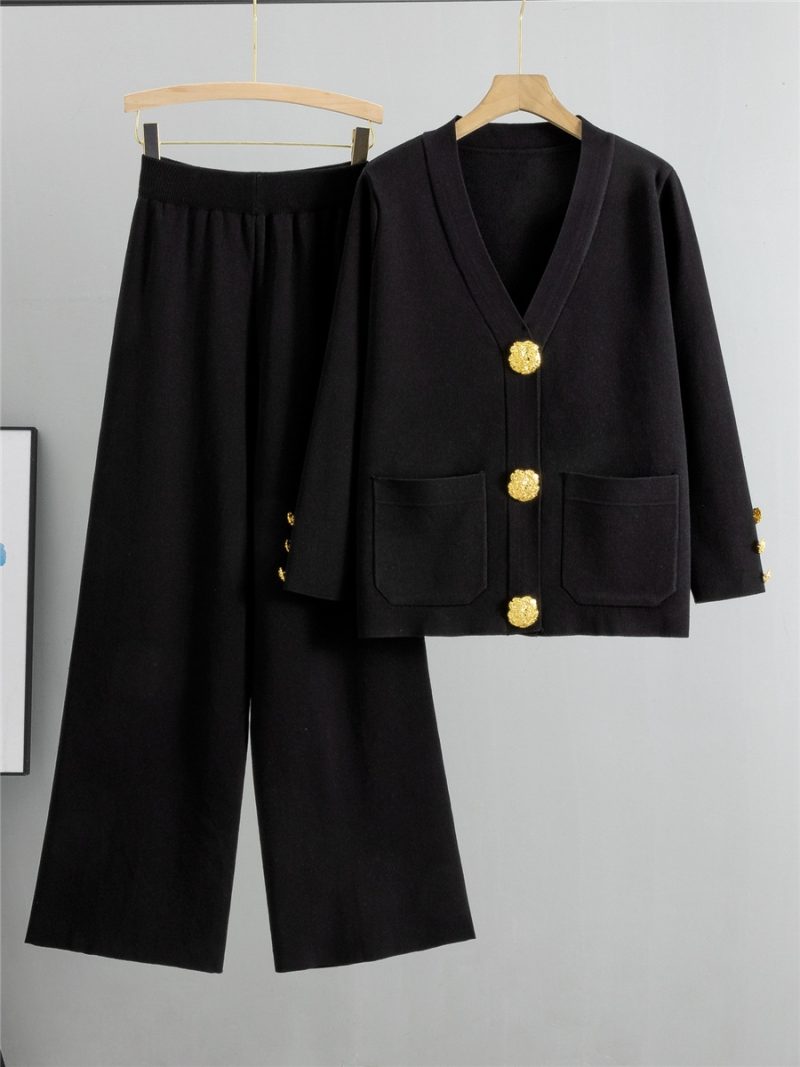 Fall Winter Women's Knit Sweater Sets New Large Gold Button V-neck Cardigan Coats Conjunto High Waist Baggy Wide Leg Pants Suits - Image 4