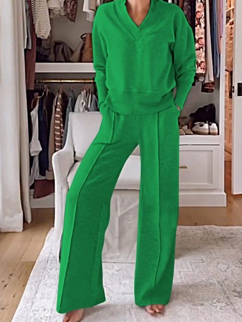 Casual Loose Sweatshirt+pants Two Piece Sets Women Fashion V-neck Pullover Sweatshirts Outfits Autumn Winter Wide Leg Pants Suit