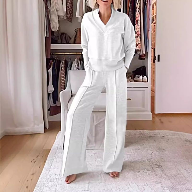 Casual Loose Sweatshirt+pants Two Piece Sets Women Fashion V-neck Pullover Sweatshirts Outfits Autumn Winter Wide Leg Pants Suit - Image 3