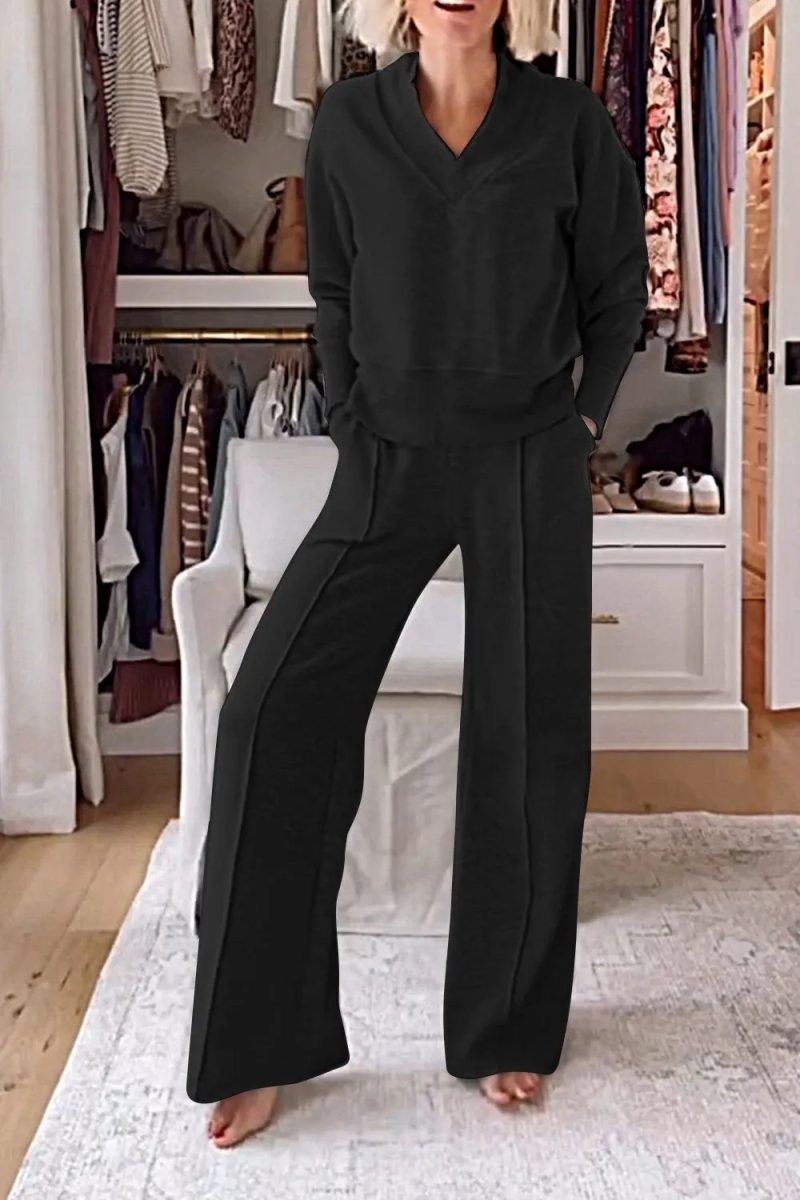 Casual Loose Sweatshirt+pants Two Piece Sets Women Fashion V-neck Pullover Sweatshirts Outfits Autumn Winter Wide Leg Pants Suit - Image 4