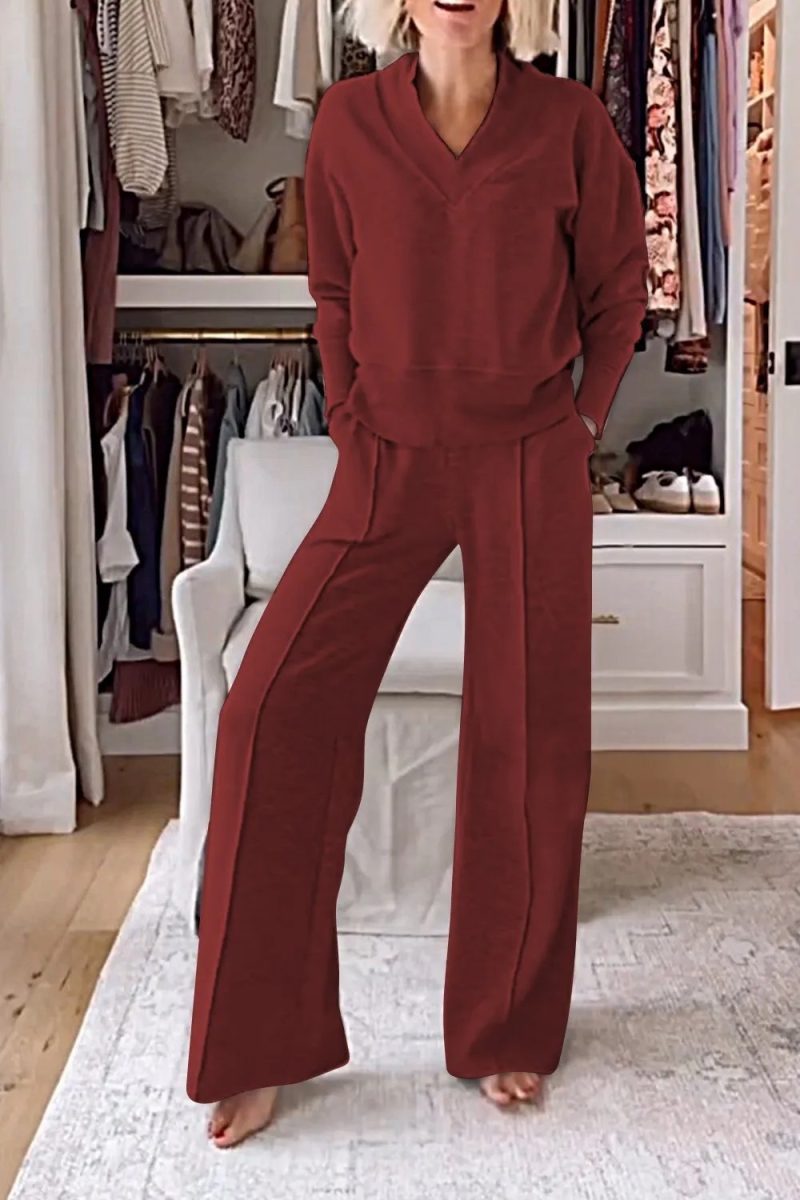 Casual Loose Sweatshirt+pants Two Piece Sets Women Fashion V-neck Pullover Sweatshirts Outfits Autumn Winter Wide Leg Pants Suit - Image 5