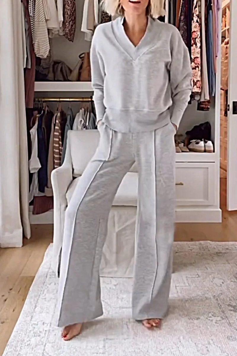 Casual Loose Sweatshirt+pants Two Piece Sets Women Fashion V-neck Pullover Sweatshirts Outfits Autumn Winter Wide Leg Pants Suit - Image 6