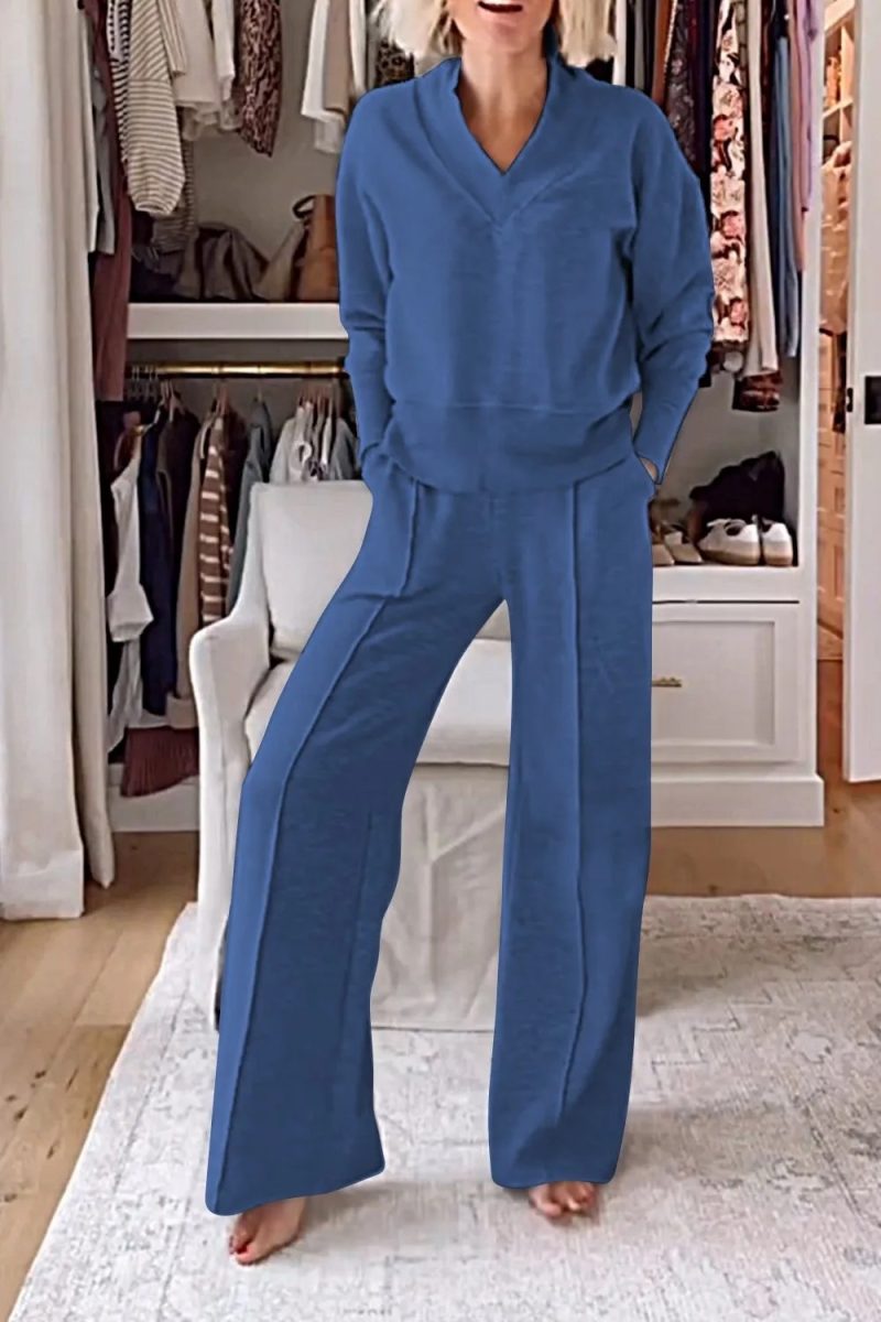 Casual Loose Sweatshirt+pants Two Piece Sets Women Fashion V-neck Pullover Sweatshirts Outfits Autumn Winter Wide Leg Pants Suit - Image 7