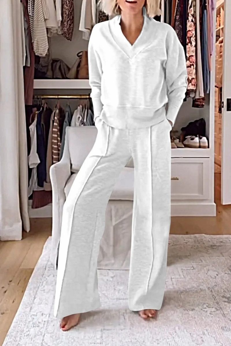Casual Loose Sweatshirt+pants Two Piece Sets Women Fashion V-neck Pullover Sweatshirts Outfits Autumn Winter Wide Leg Pants Suit - Image 9
