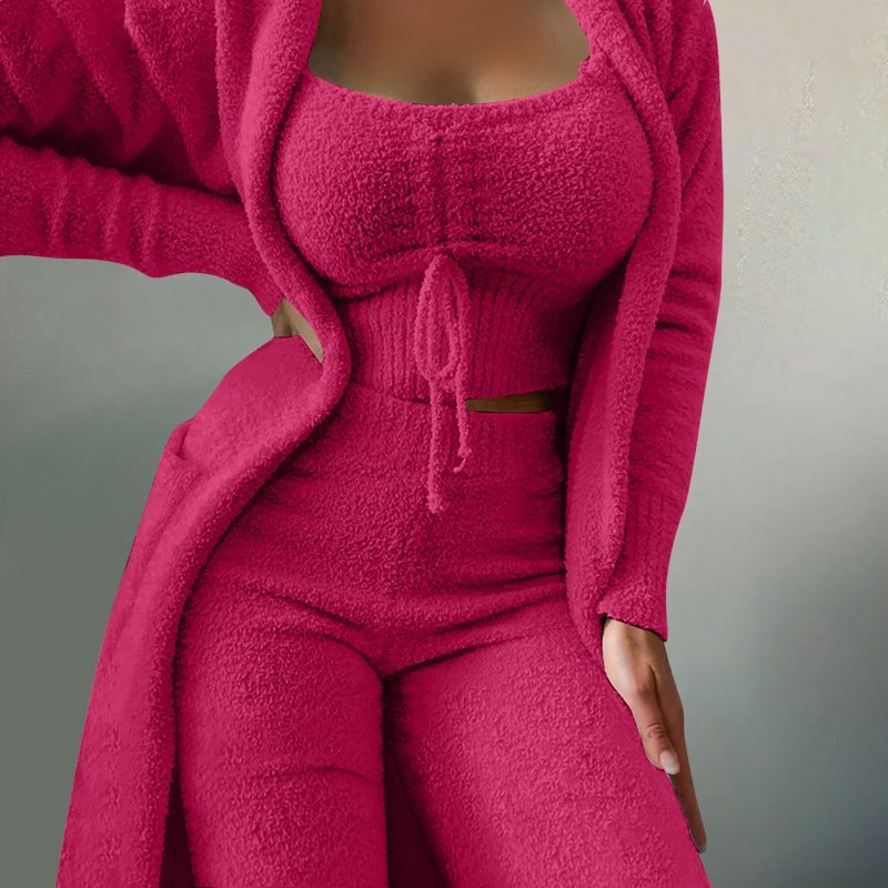 Women'S Fleece 3 Pc Teddy Loungewear Spaghetti Strap Crop Tank Wide Long Pants Fuzzy Kimono Cozy Sweatsuit Set Ladies Pants Suit - Image 3