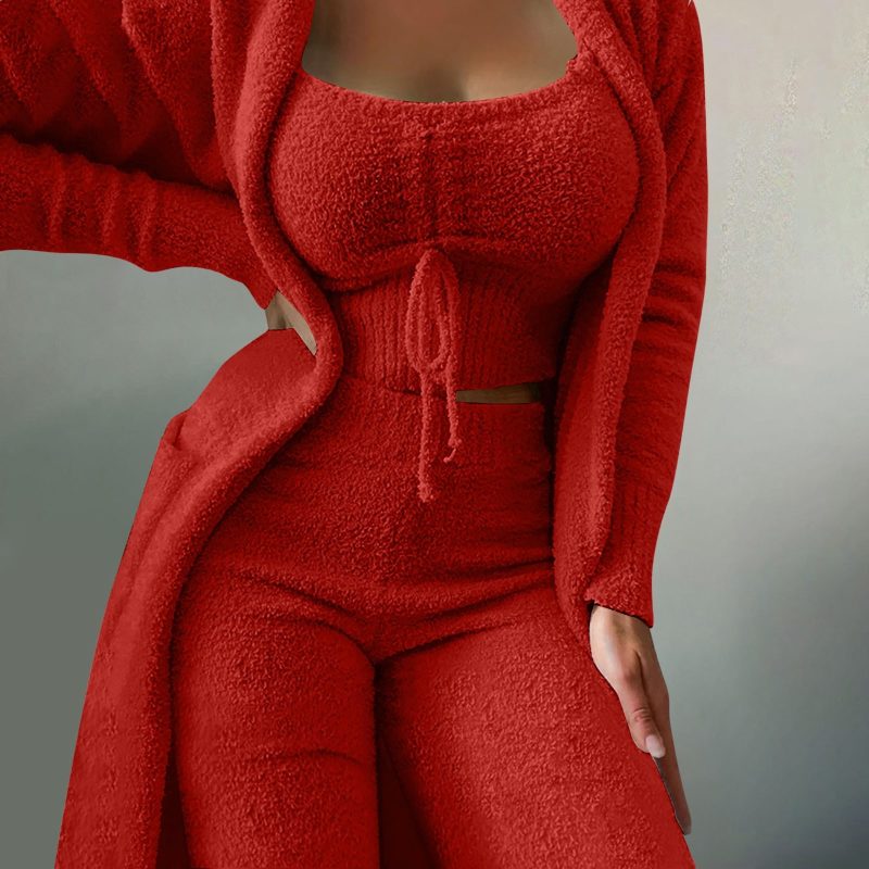 Women'S Fleece 3 Pc Teddy Loungewear Spaghetti Strap Crop Tank Wide Long Pants Fuzzy Kimono Cozy Sweatsuit Set Ladies Pants Suit - Image 4