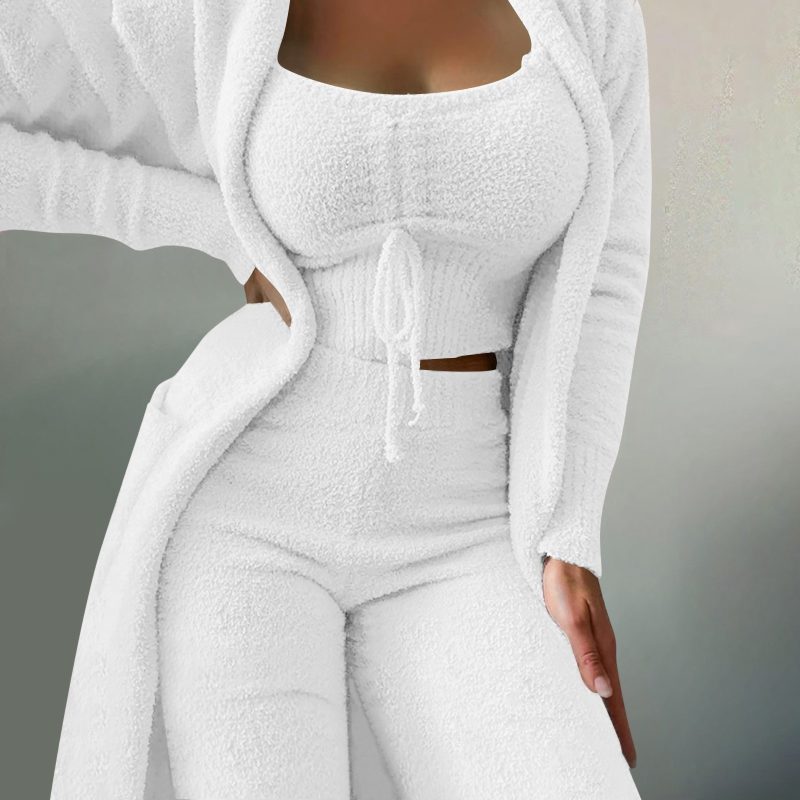 Women'S Fleece 3 Pc Teddy Loungewear Spaghetti Strap Crop Tank Wide Long Pants Fuzzy Kimono Cozy Sweatsuit Set Ladies Pants Suit - Image 5