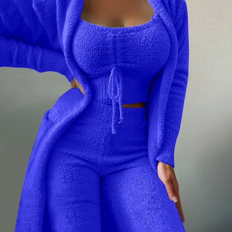 Women'S Fleece 3 Pc Teddy Loungewear Spaghetti Strap Crop Tank Wide Long Pants Fuzzy Kimono Cozy Sweatsuit Set Ladies Pants Suit - Image 7