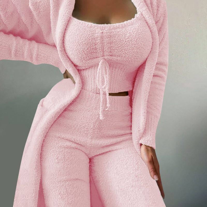 Women'S Fleece 3 Pc Teddy Loungewear Spaghetti Strap Crop Tank Wide Long Pants Fuzzy Kimono Cozy Sweatsuit Set Ladies Pants Suit - Image 8