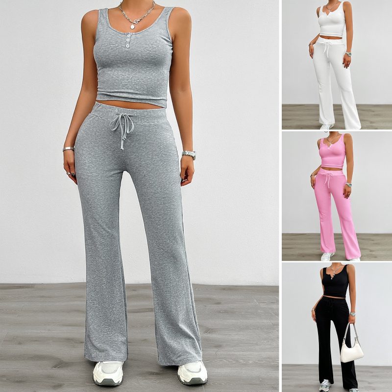 Summer 2 Piece Sets Women Outfit O-neck Solid Color Lady's Camisole Drawstring Slim Women's Pants Women's Clothing Sales