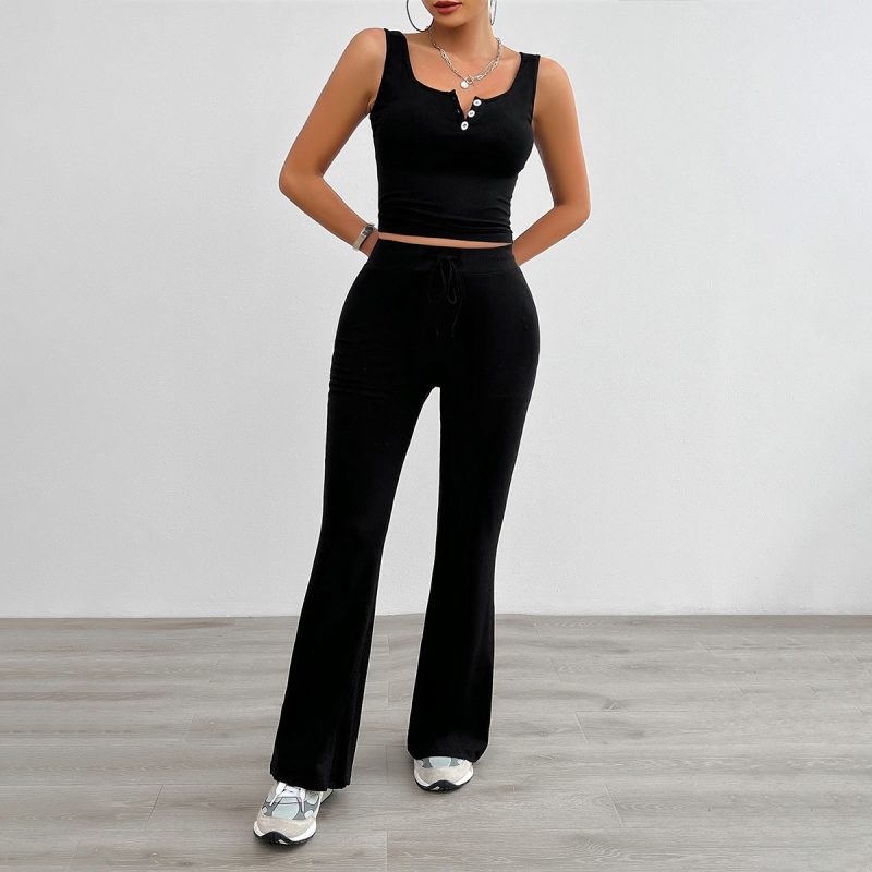 Summer 2 Piece Sets Women Outfit O-neck Solid Color Lady's Camisole Drawstring Slim Women's Pants Women's Clothing Sales - Image 2