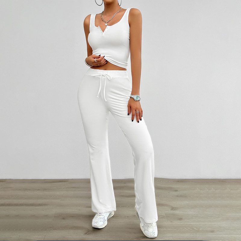 Summer 2 Piece Sets Women Outfit O-neck Solid Color Lady's Camisole Drawstring Slim Women's Pants Women's Clothing Sales - Image 3