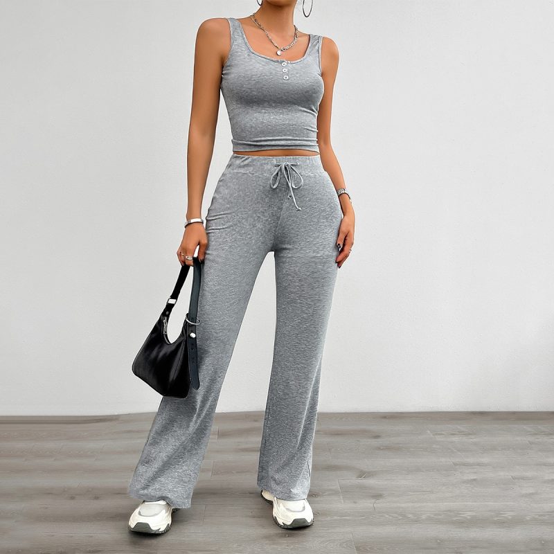 Summer 2 Piece Sets Women Outfit O-neck Solid Color Lady's Camisole Drawstring Slim Women's Pants Women's Clothing Sales - Image 6