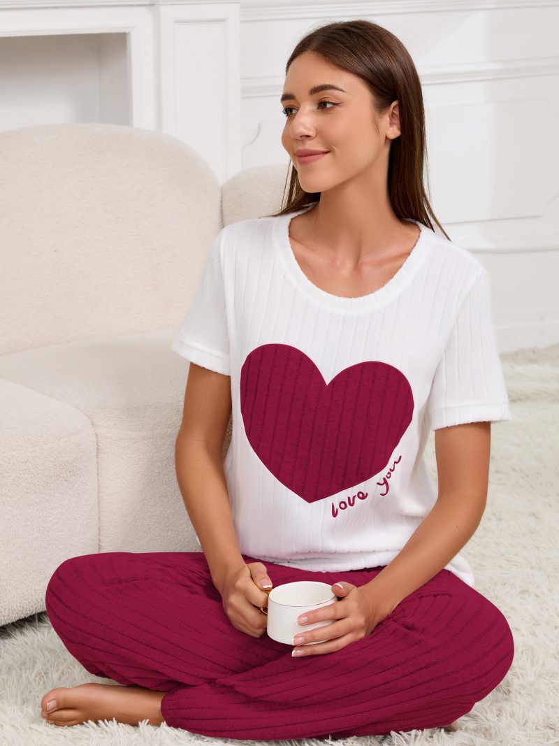 Women's new style pajamas set heart pattern short sleeve shirt trousers two-piece simple and lovely casual home wear - Image 6