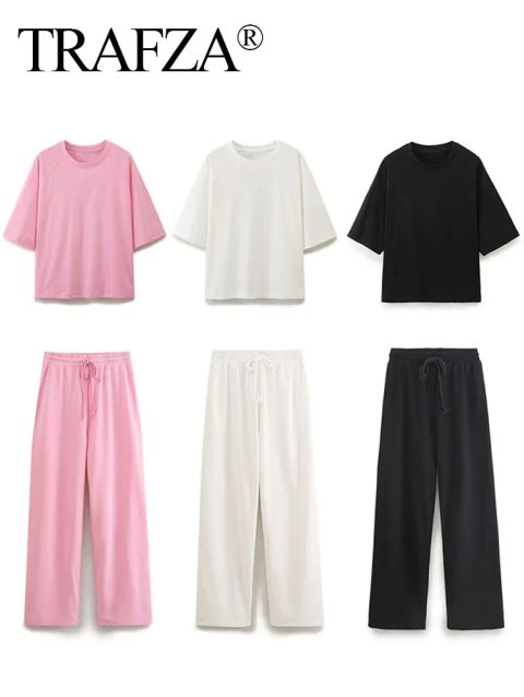 TRAFZA Women Casual Solid Sports Set Summer O Neck T-Shirt Loose Short Sleeve Tops Female Drawstring High Waist Jogging Pants