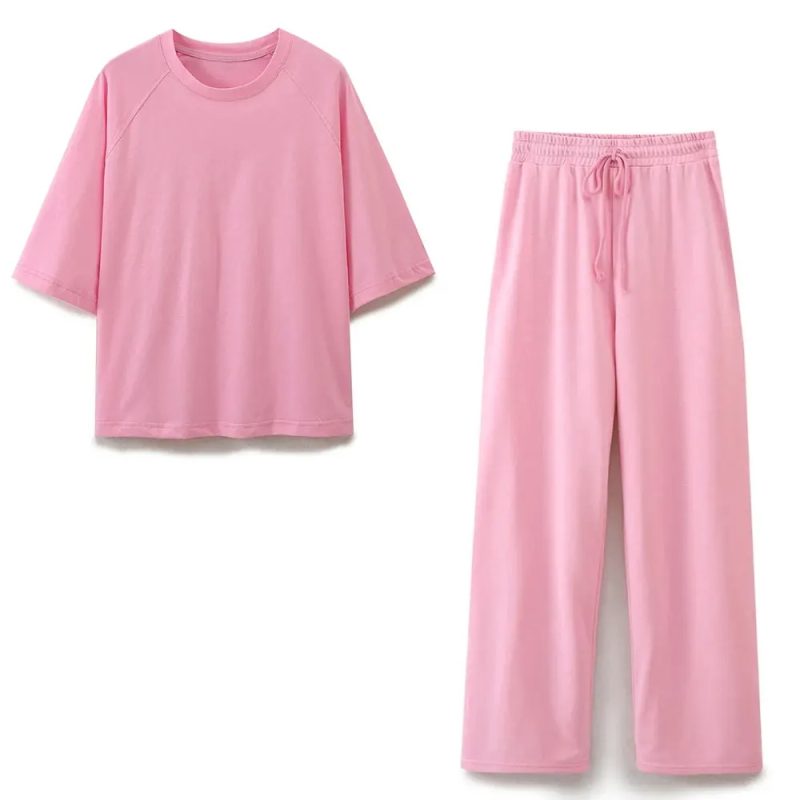 TRAFZA Women Casual Solid Sports Set Summer O Neck T-Shirt Loose Short Sleeve Tops Female Drawstring High Waist Jogging Pants - Image 10