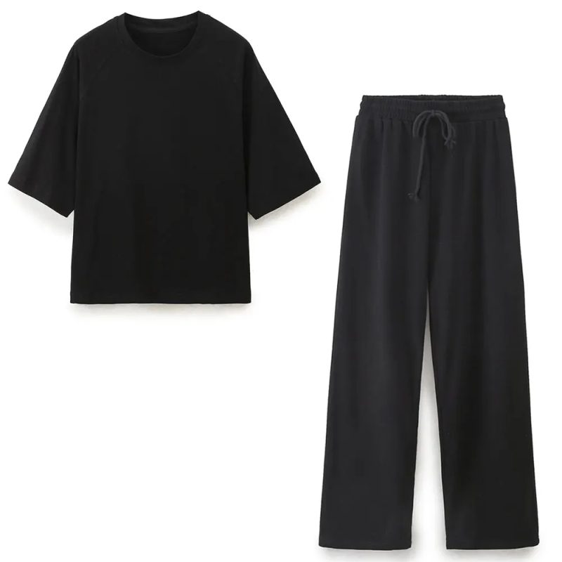 TRAFZA Women Casual Solid Sports Set Summer O Neck T-Shirt Loose Short Sleeve Tops Female Drawstring High Waist Jogging Pants - Image 15