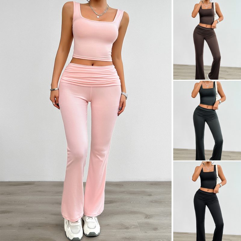 Women's Clothing Set Summer Square Collar Lady's Camisole Waist Fold Slim Fit Female Pants Trousers Women's Set Two Pieces