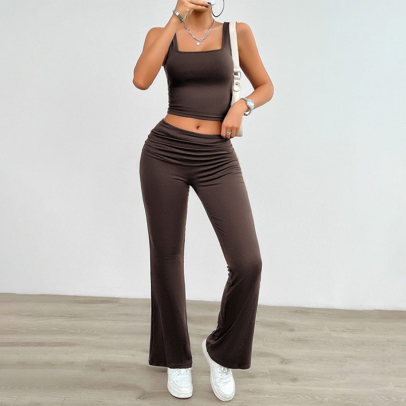 Women's Clothing Set Summer Square Collar Lady's Camisole Waist Fold Slim Fit Female Pants Trousers Women's Set Two Pieces - Image 2