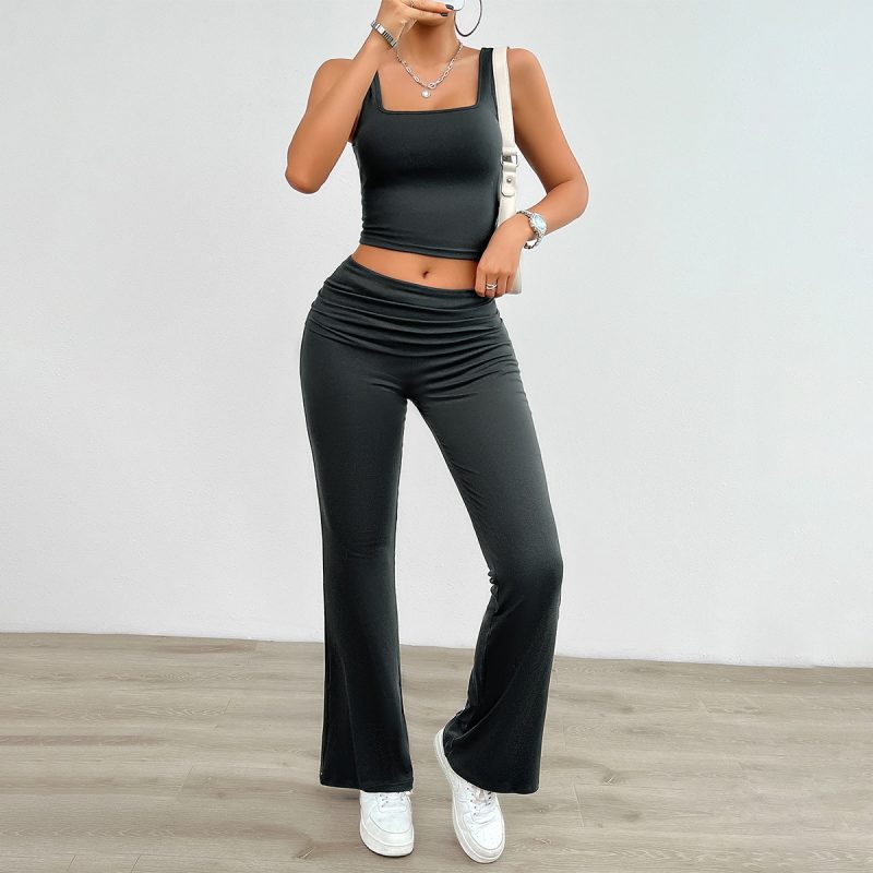 Women's Clothing Set Summer Square Collar Lady's Camisole Waist Fold Slim Fit Female Pants Trousers Women's Set Two Pieces - Image 4