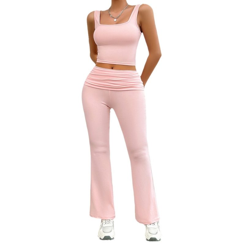 Women's Clothing Set Summer Square Collar Lady's Camisole Waist Fold Slim Fit Female Pants Trousers Women's Set Two Pieces - Image 5