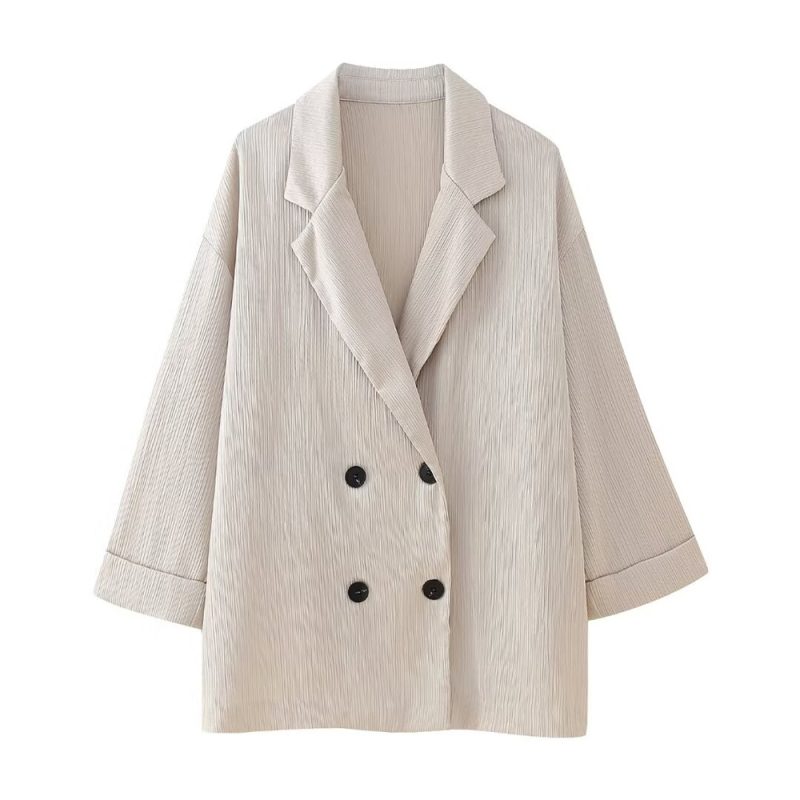 European and American Style 2024 Spring and Summer New Women's Clothing Wrinkle Effect Double Breasted Suit Jacket Pants Set - Image 8