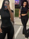 Casual Workout Two Piece Outfits for Women Crew Neck T-shirt and Low Rise Flare Pants Tracksuit Sets Streetwear