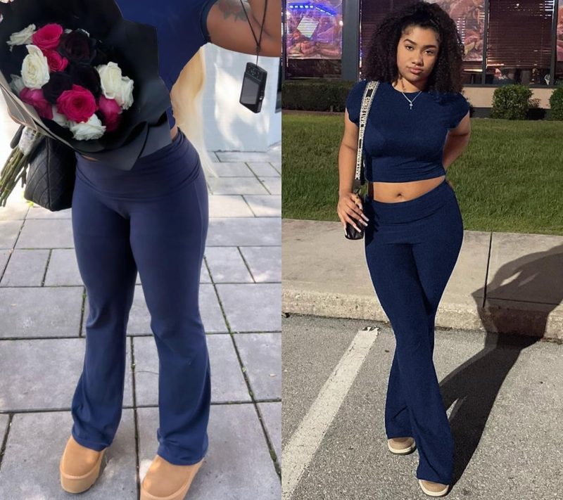Casual Workout Two Piece Outfits for Women Crew Neck T-shirt and Low Rise Flare Pants Tracksuit Sets Streetwear - Image 2