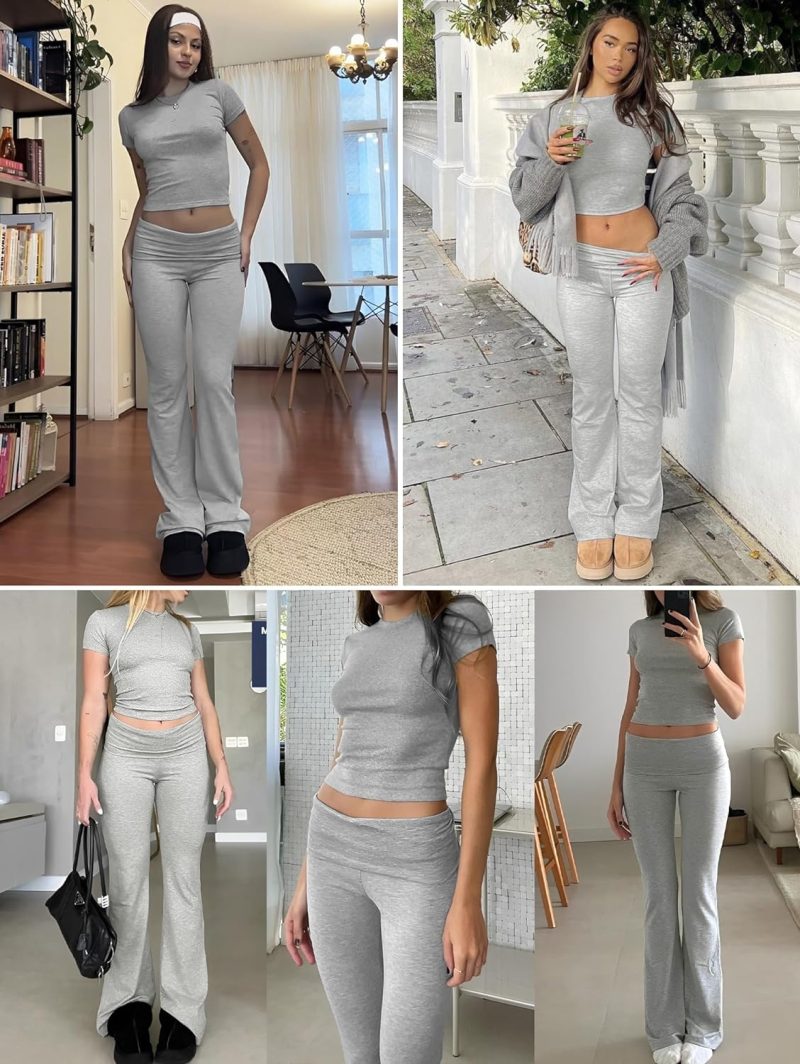 Casual Workout Two Piece Outfits for Women Crew Neck T-shirt and Low Rise Flare Pants Tracksuit Sets Streetwear - Image 3