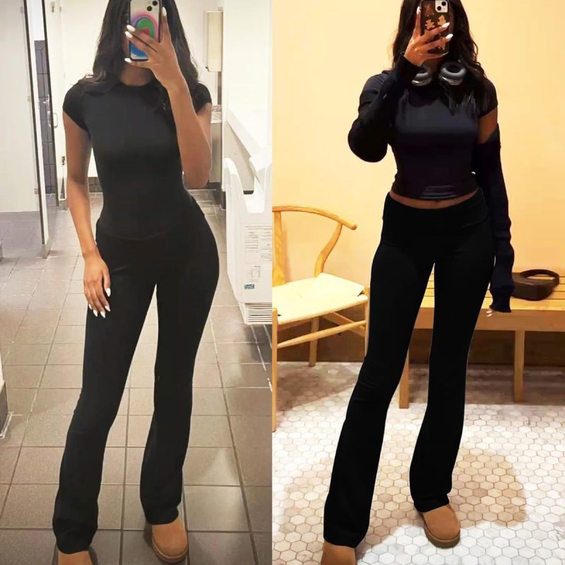 Casual Workout Two Piece Outfits for Women Crew Neck T-shirt and Low Rise Flare Pants Tracksuit Sets Streetwear - Image 4
