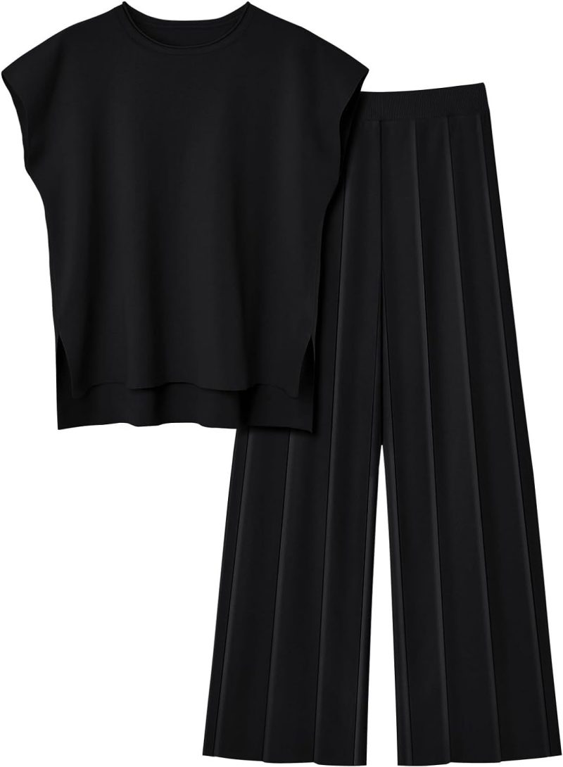 2 Piece Sets Women Outfit Sleeveless Casual T Shrit Top Knitted Vest Wide-leg Pants Ice Summer New Solid Color Casual Outfit - Image 8