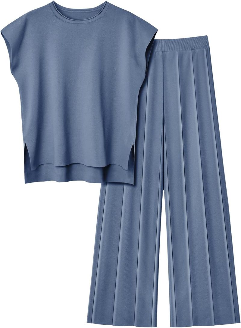 2 Piece Sets Women Outfit Sleeveless Casual T Shrit Top Knitted Vest Wide-leg Pants Ice Summer New Solid Color Casual Outfit - Image 9