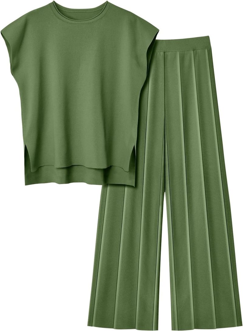 2 Piece Sets Women Outfit Sleeveless Casual T Shrit Top Knitted Vest Wide-leg Pants Ice Summer New Solid Color Casual Outfit - Image 10