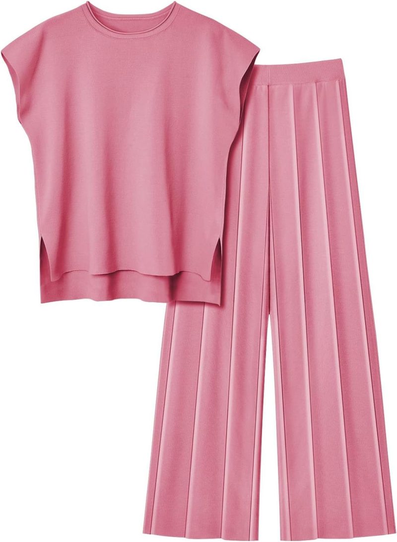 2 Piece Sets Women Outfit Sleeveless Casual T Shrit Top Knitted Vest Wide-leg Pants Ice Summer New Solid Color Casual Outfit - Image 12