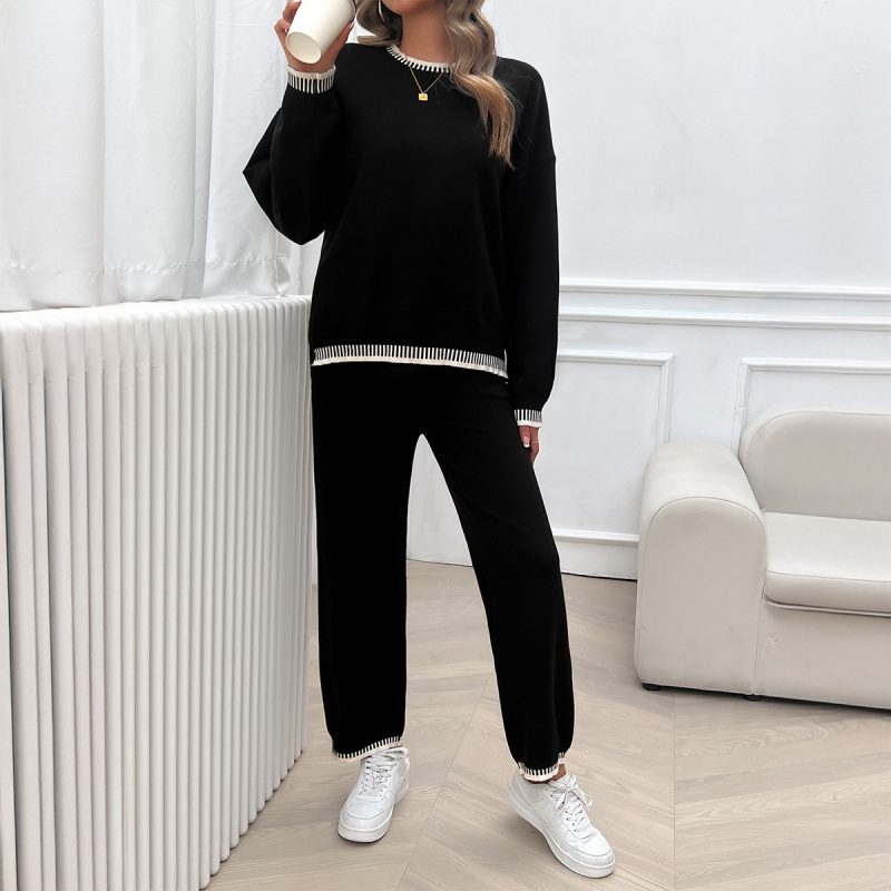 YJKDYK Spring Autumn Women's Clothing Set Lady's Contrast Loose O-neck Sweater + Knit Pants Trousers Women 2 Piece Set Outfit - Image 2