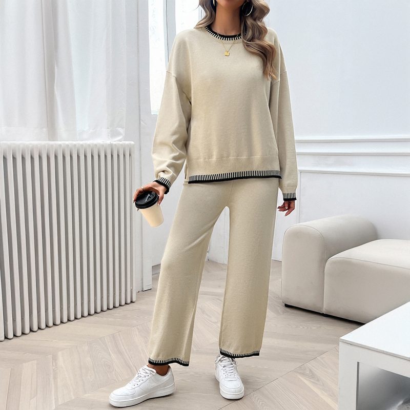 YJKDYK Spring Autumn Women's Clothing Set Lady's Contrast Loose O-neck Sweater + Knit Pants Trousers Women 2 Piece Set Outfit - Image 3