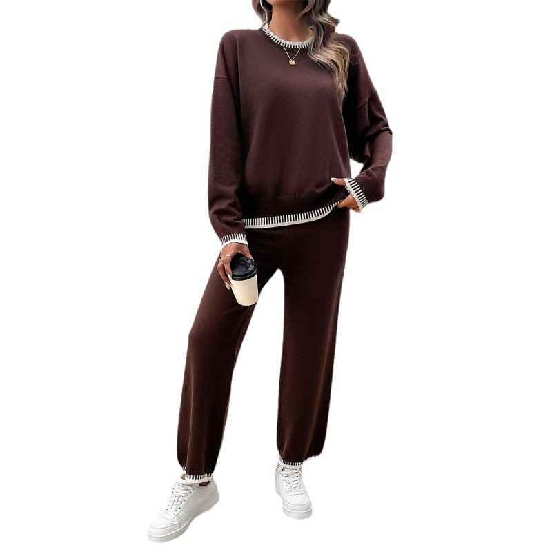 YJKDYK Spring Autumn Women's Clothing Set Lady's Contrast Loose O-neck Sweater + Knit Pants Trousers Women 2 Piece Set Outfit - Image 5