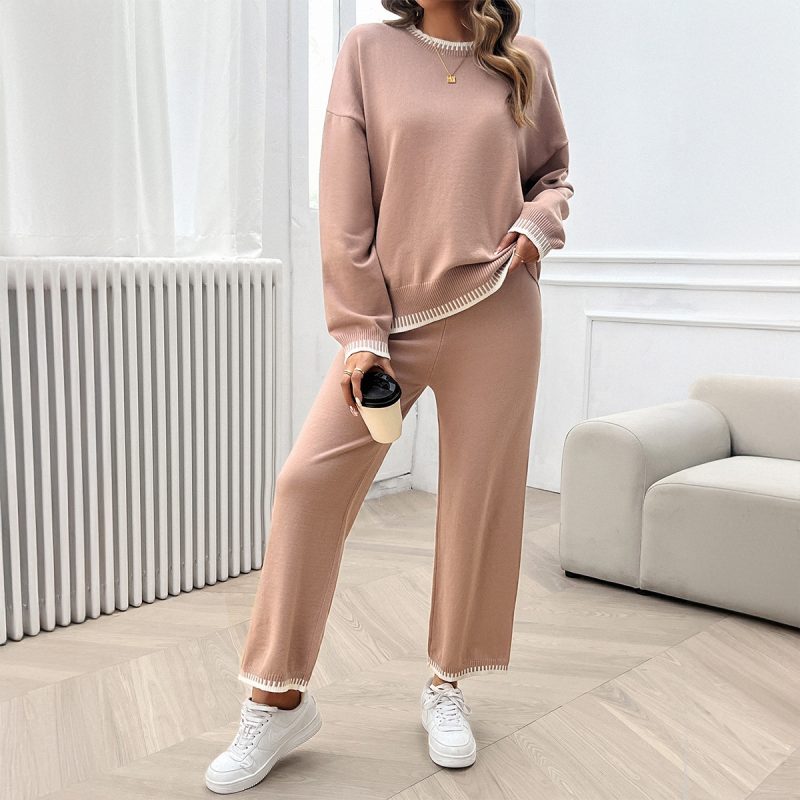 YJKDYK Spring Autumn Women's Clothing Set Lady's Contrast Loose O-neck Sweater + Knit Pants Trousers Women 2 Piece Set Outfit - Image 6