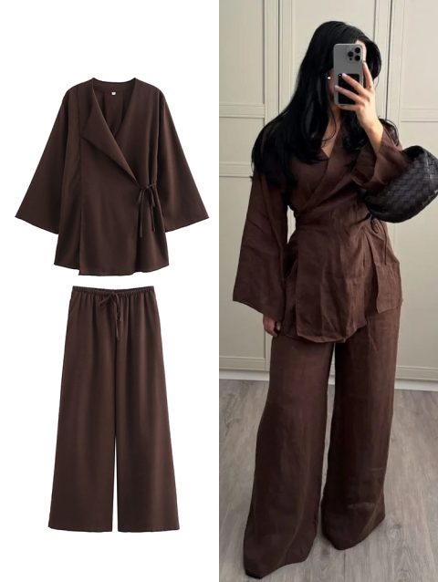 TFMLN Fashion 2 Pieces Sets Women Spring Summer Kimono Style Loose Lace Up Shirts Tops Women's Wide Leg Pants Sets