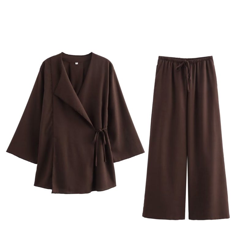 TFMLN Fashion 2 Pieces Sets Women Spring Summer Kimono Style Loose Lace Up Shirts Tops Women's Wide Leg Pants Sets - Image 7